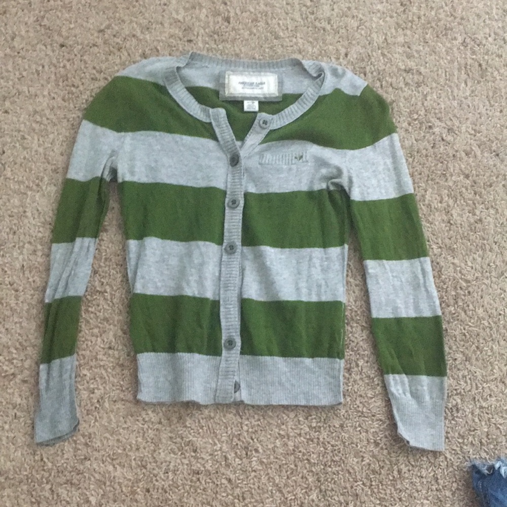 American eagle outfitters green and gray striped cropped button down cardigan xs